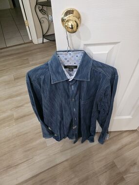 Ermenegildo Zegna Blue Striped Shirt with Multicolor Geometric Print